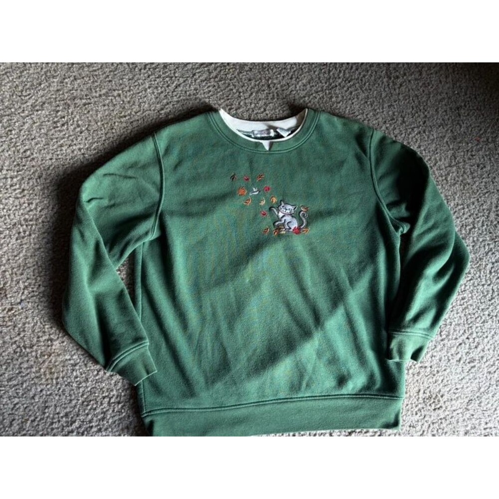 VTG Cat w Fall Leaves Green Sweater Womens